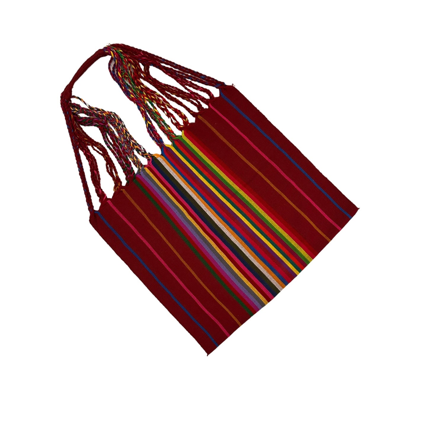 handwoven tote featuring red with blue, green, and pink stripes, and a central section with multicolored stripes. The straps are braided with various colors.