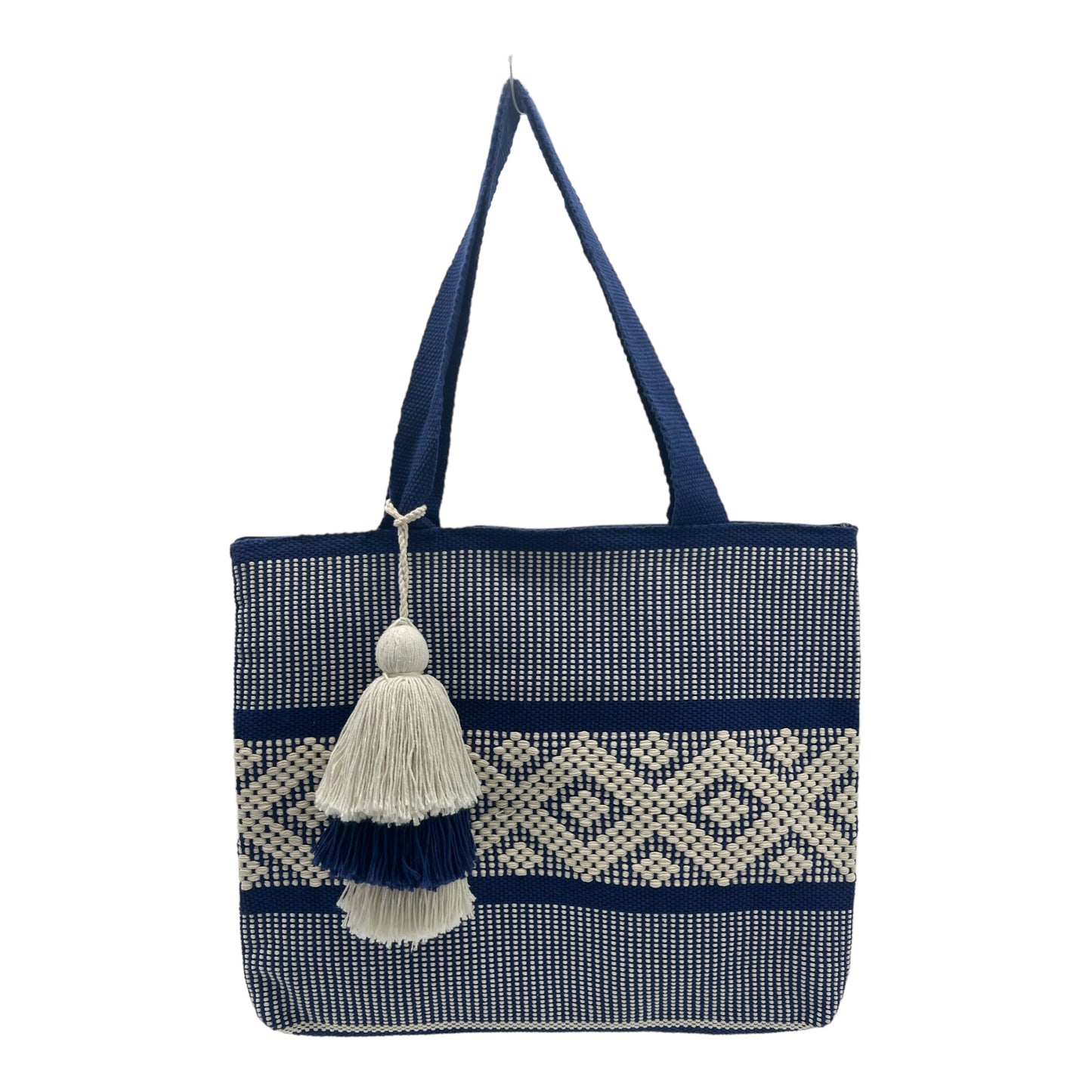 tote bag with a navy blue and white woven design, featuring a central diamond pattern and adorned with a layered tassel