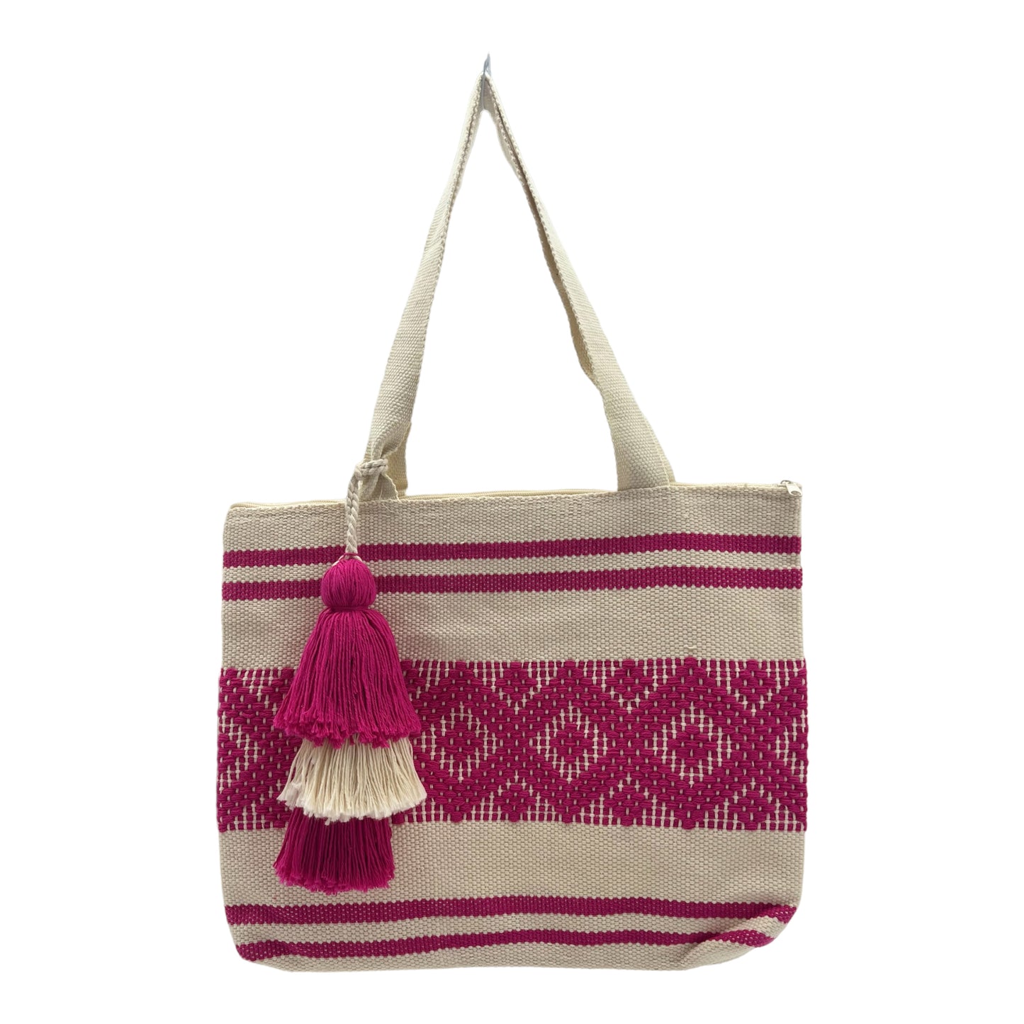 beige tote bag featuring horizontal pink stripes and patterns, accented with a multi-layered  tassel.