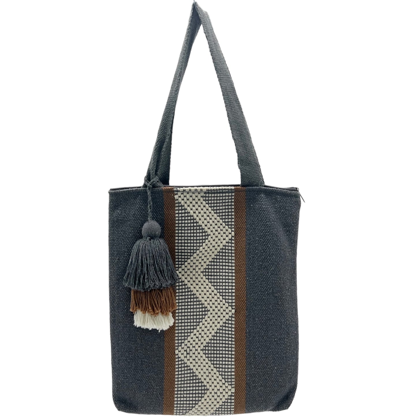 dark gray tote bag with a vertical zigzag pattern in beige and brown. It features a matching tassel