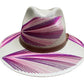 white hat with pink and purple palm frond designs, featuring a brown leather band.