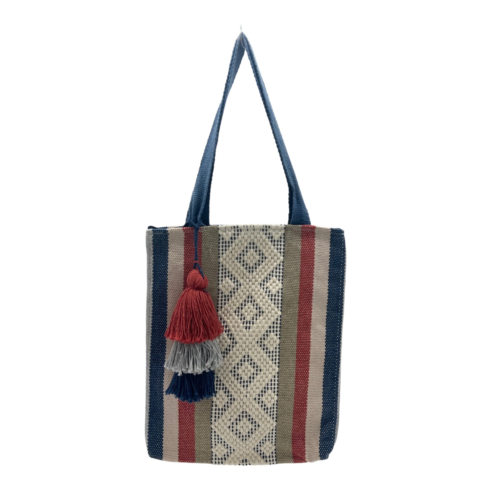 woven tote bag with vertical stripes in blue, beige, and red, featuring a decorative tassel. The bag is hanging