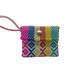 Colorful wallet with a wrist strap, woven texture, and a central snap button.