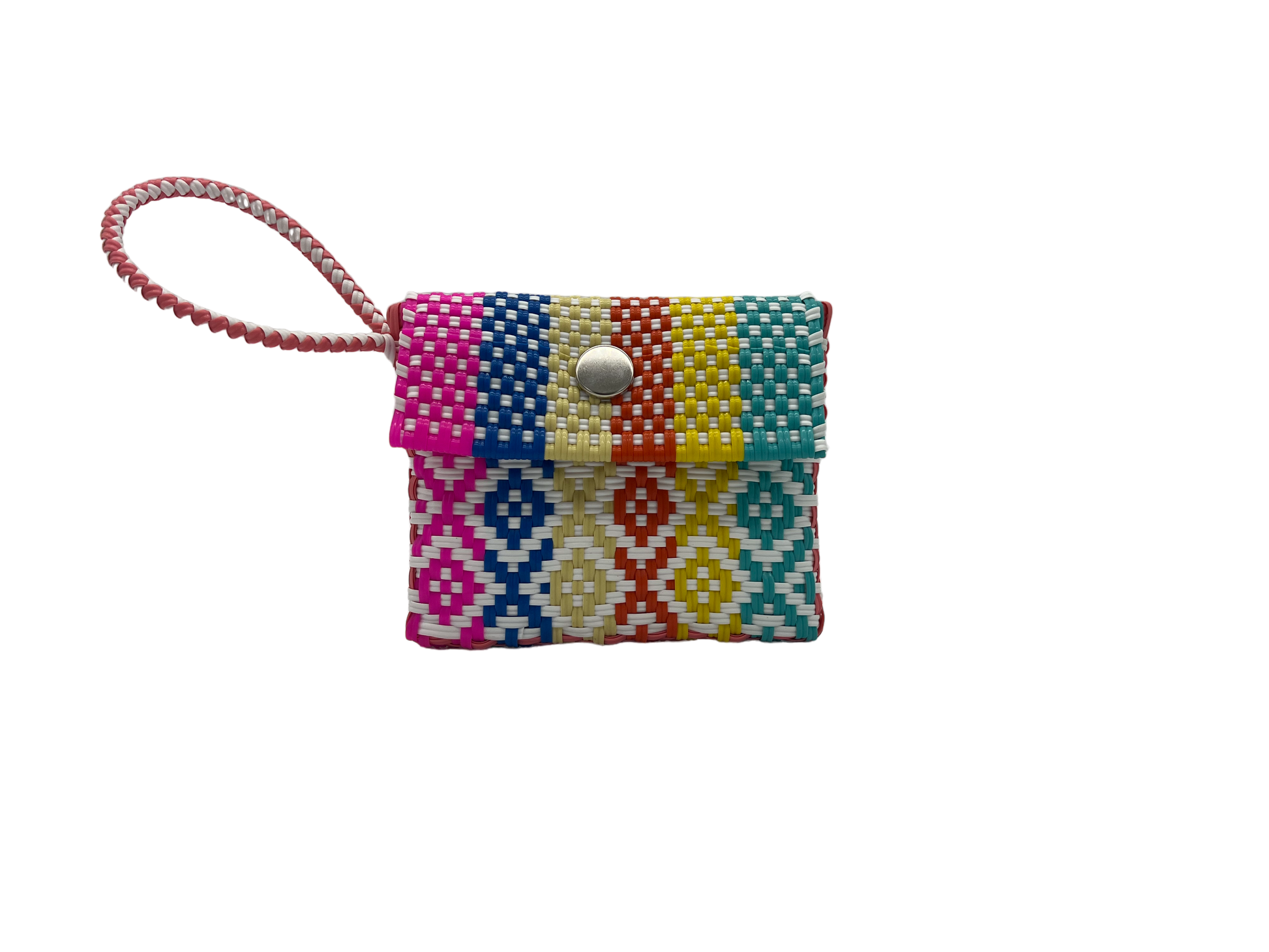 Colorful wallet with a wrist strap, woven texture, and a central snap button.