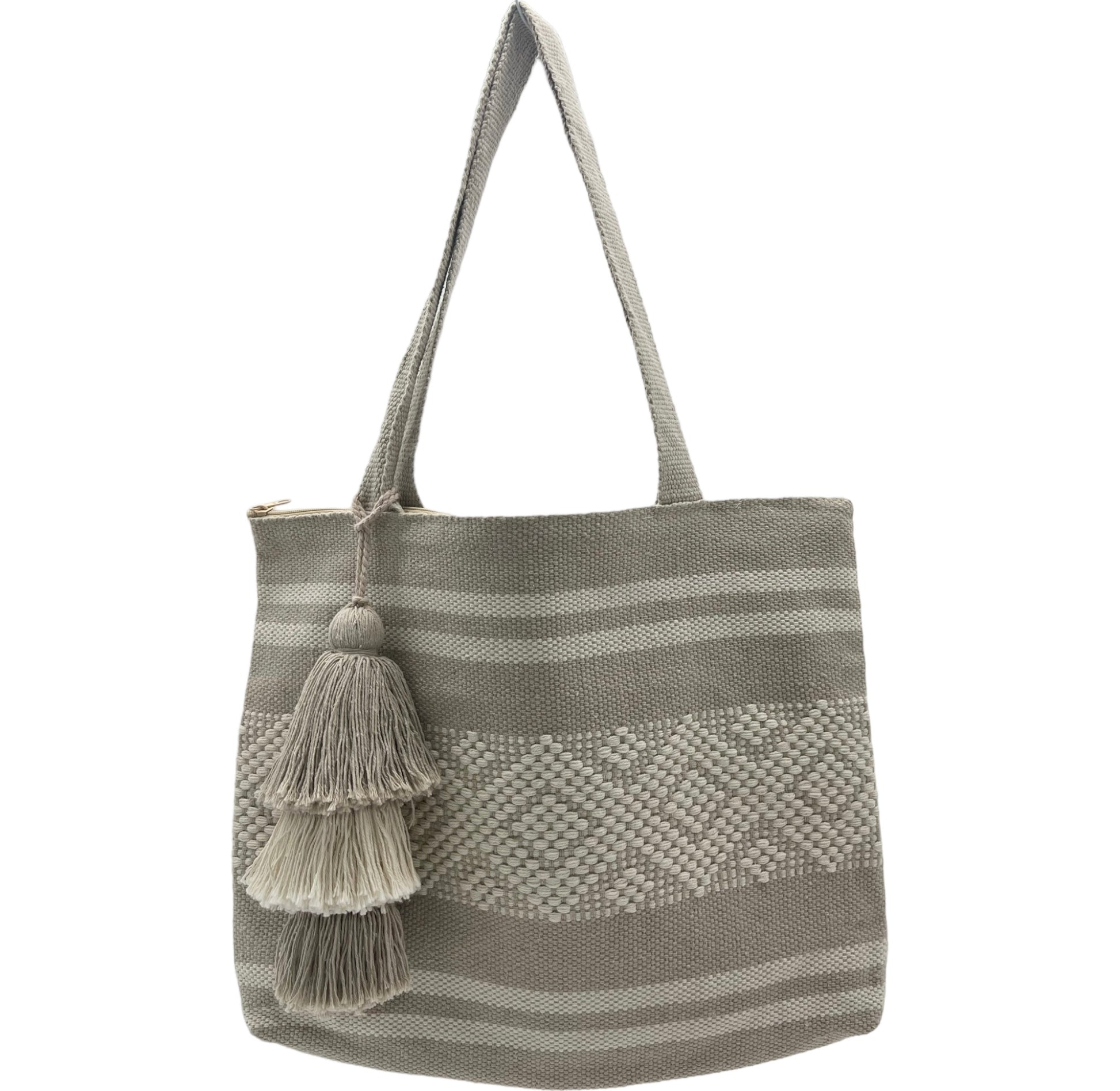 light gray tote bag with horizontal stripes and a central diamond pattern. It features a matching tassel