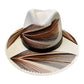 white hat featuring brown and tan palm frond designs and a black leather band.