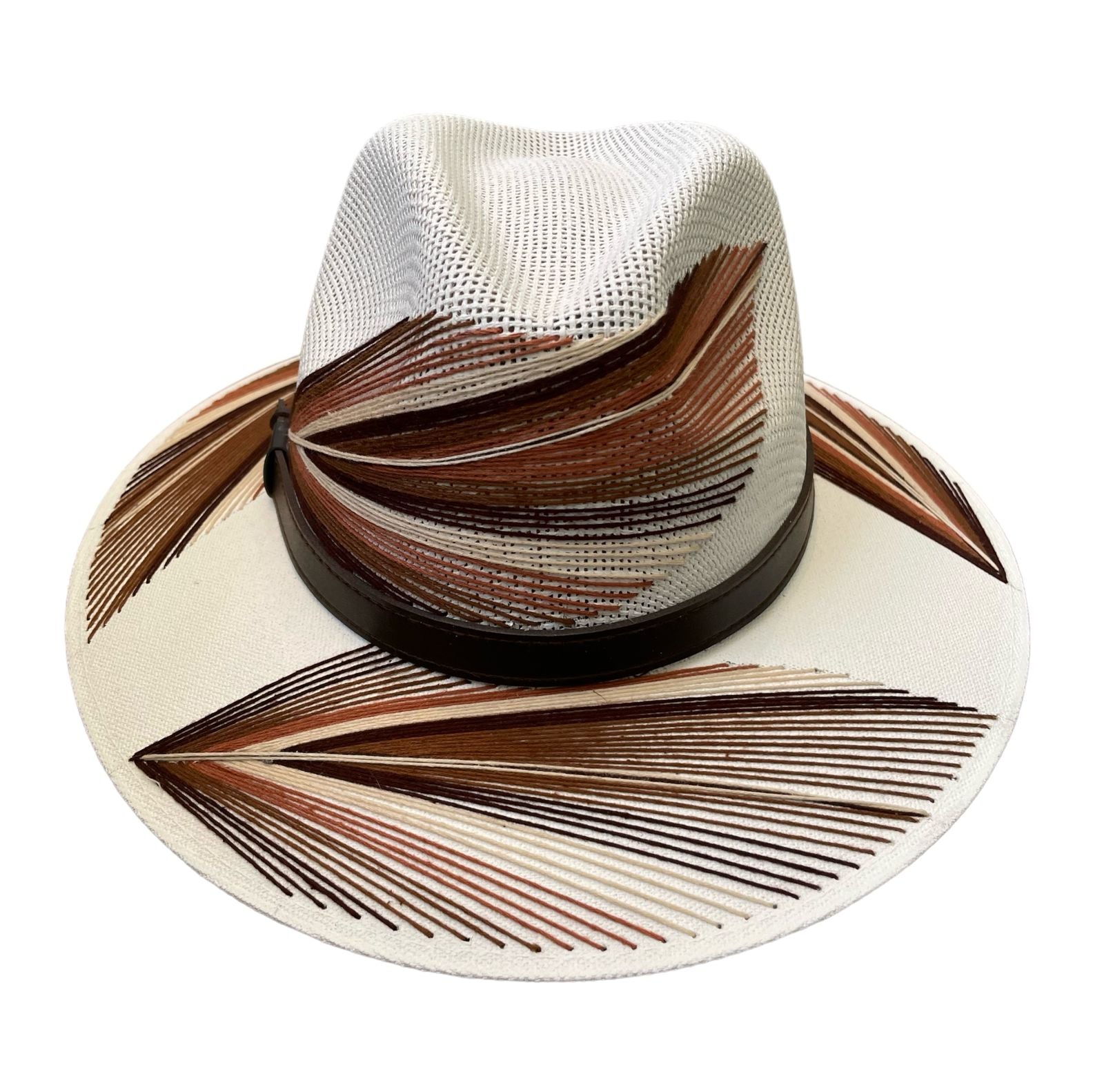 white hat featuring brown and tan palm frond designs and a black leather band.