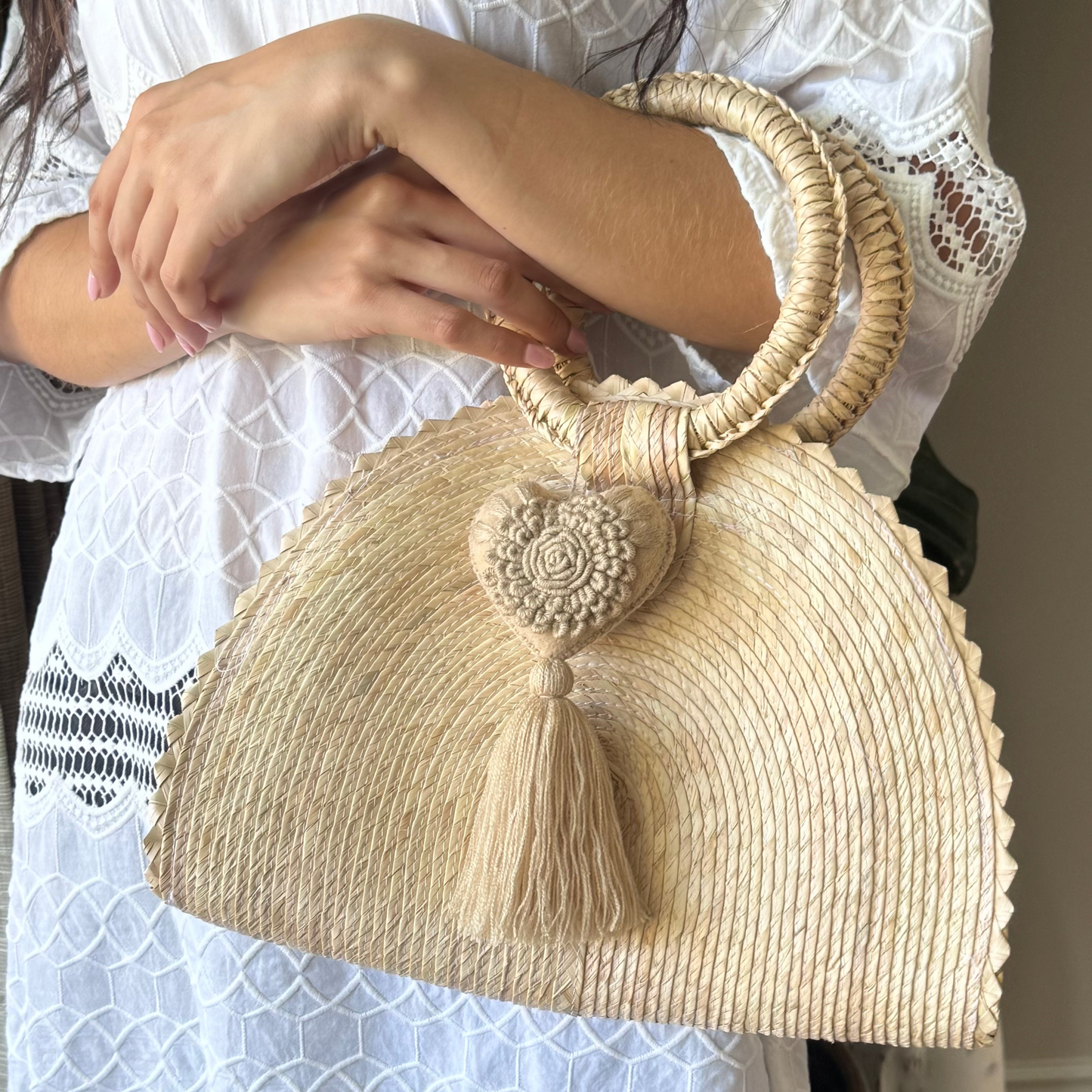 Handwoven Crescent Bag with Pompon