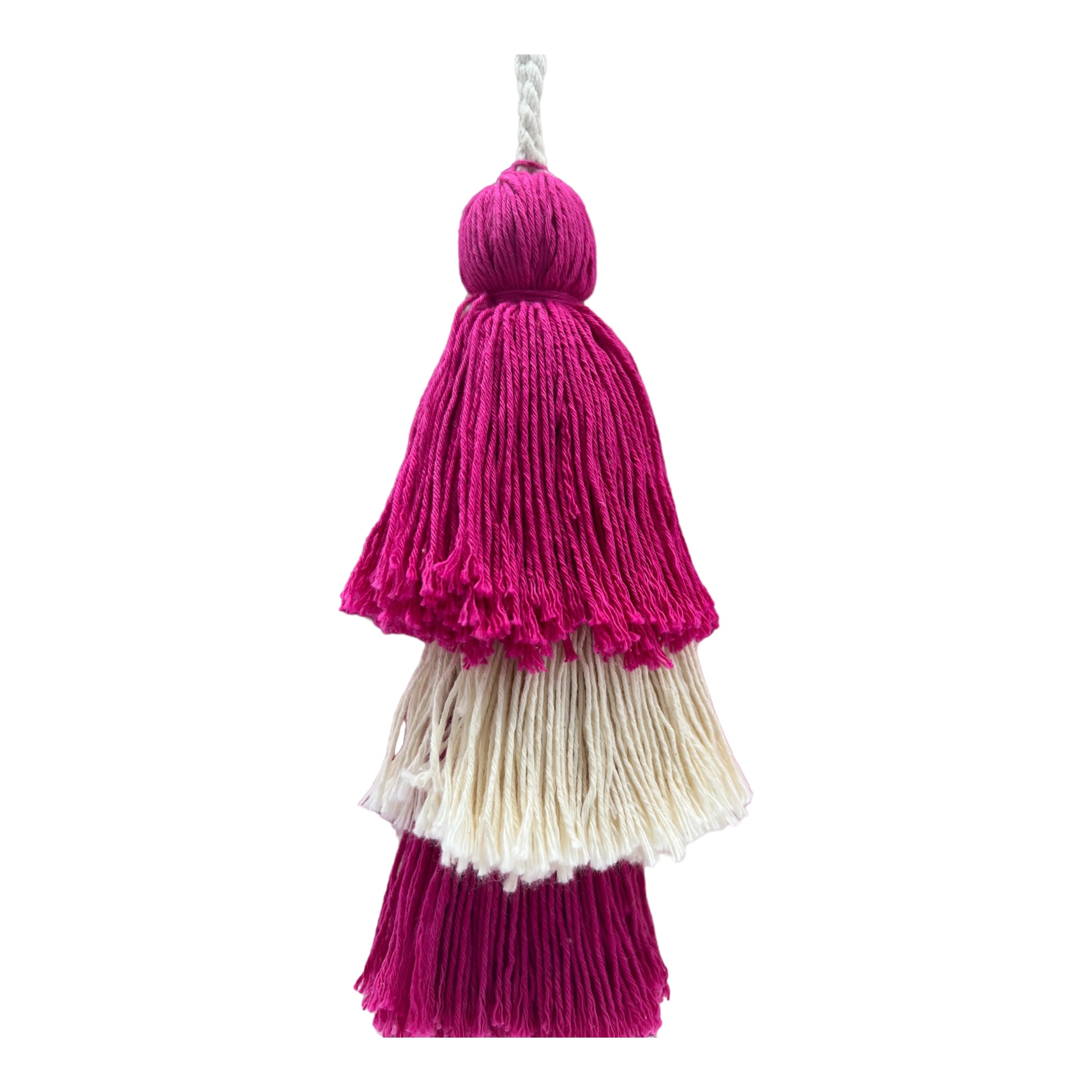 multi-layered tassel featuring vibrant pink and white sections.