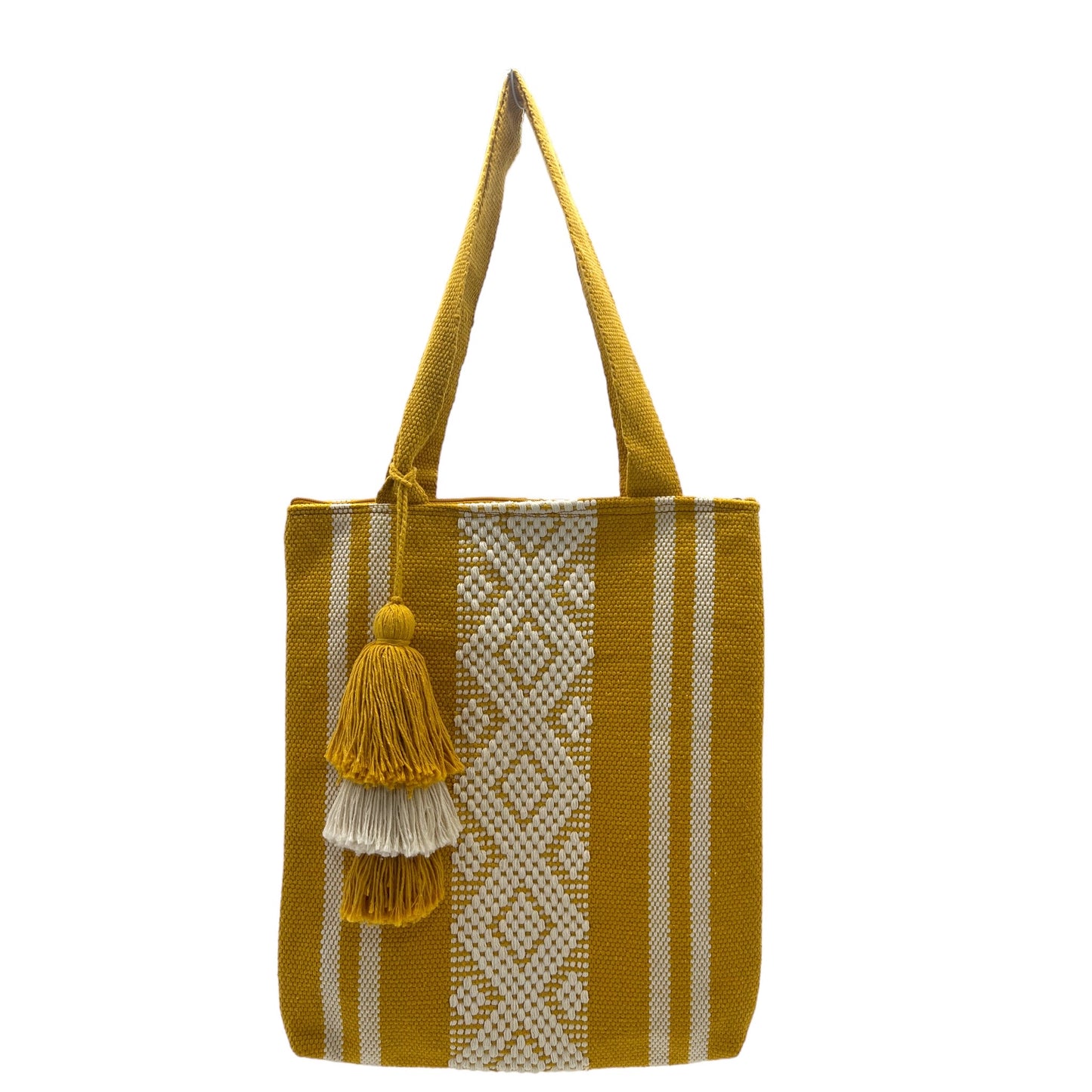 mustard yellow tote bag with white, geometric woven patterns and a matching tassel