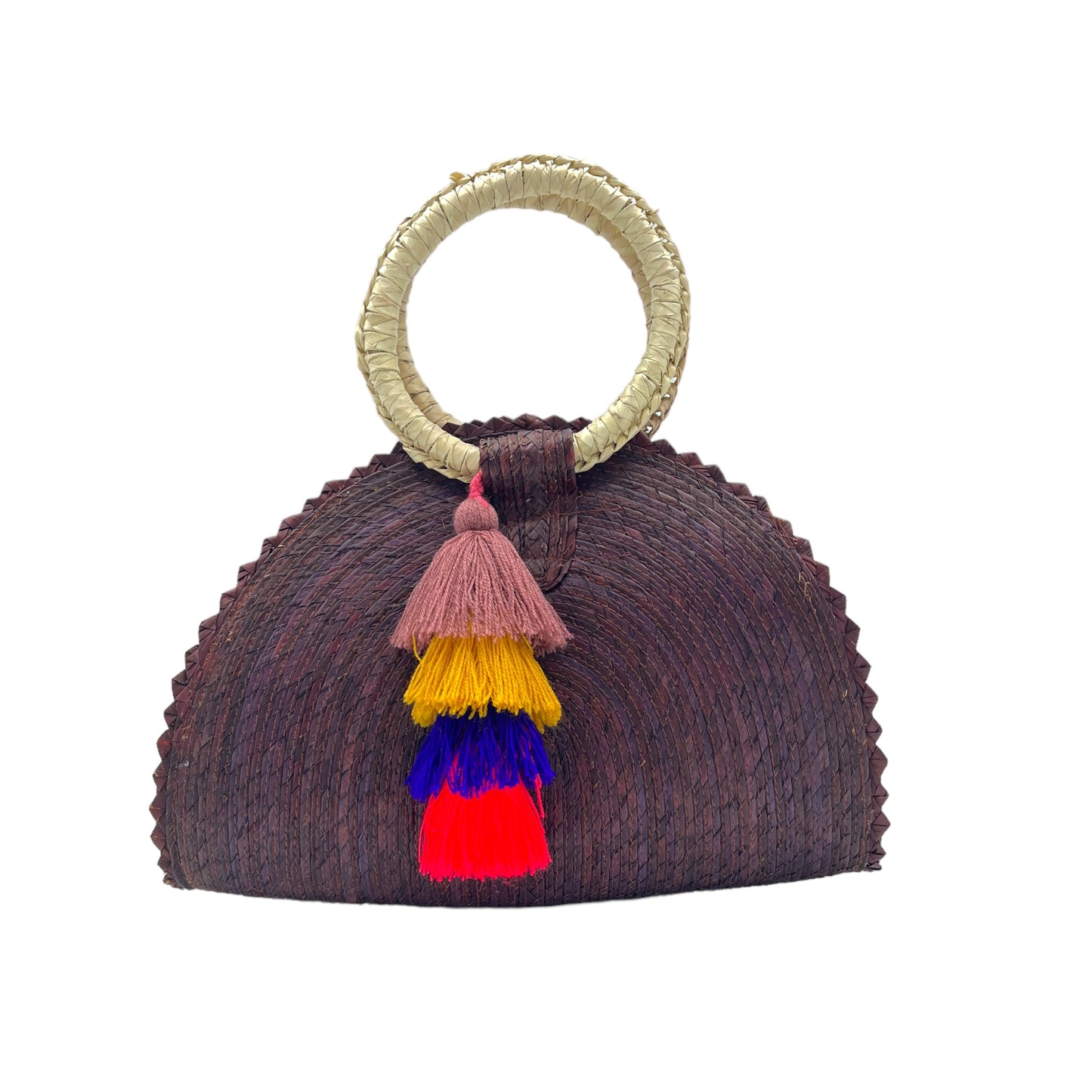 purple woven palm handbag with a circular handle wrapped in light material.