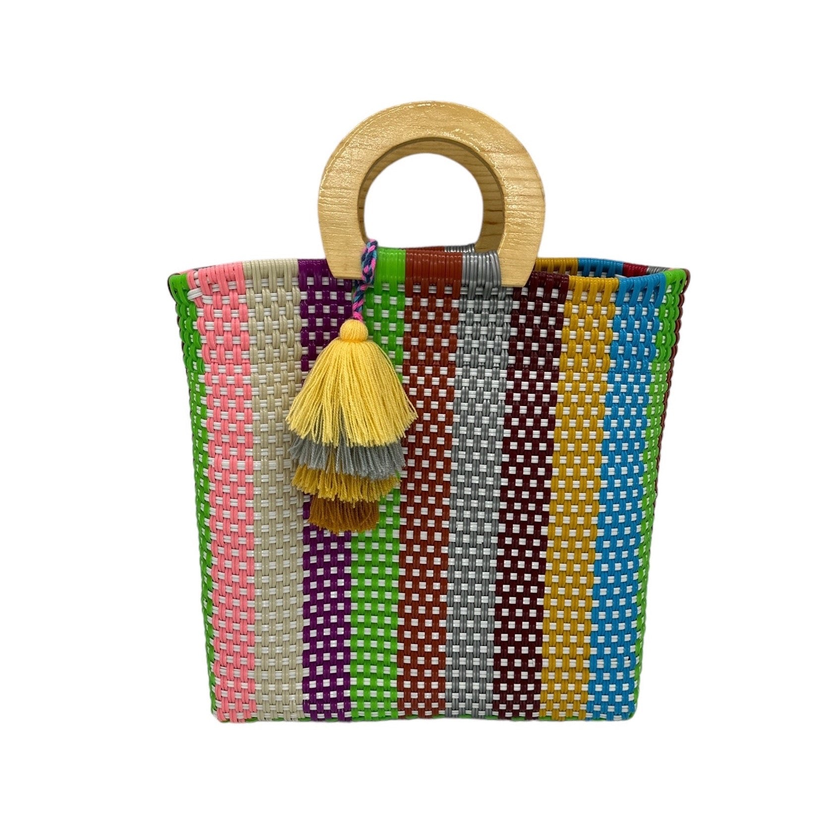 colorful woven tote bag made of recycled plastic, featuring a wooden circular handle. The bag has vertical stripes in various colors with decorative pompon