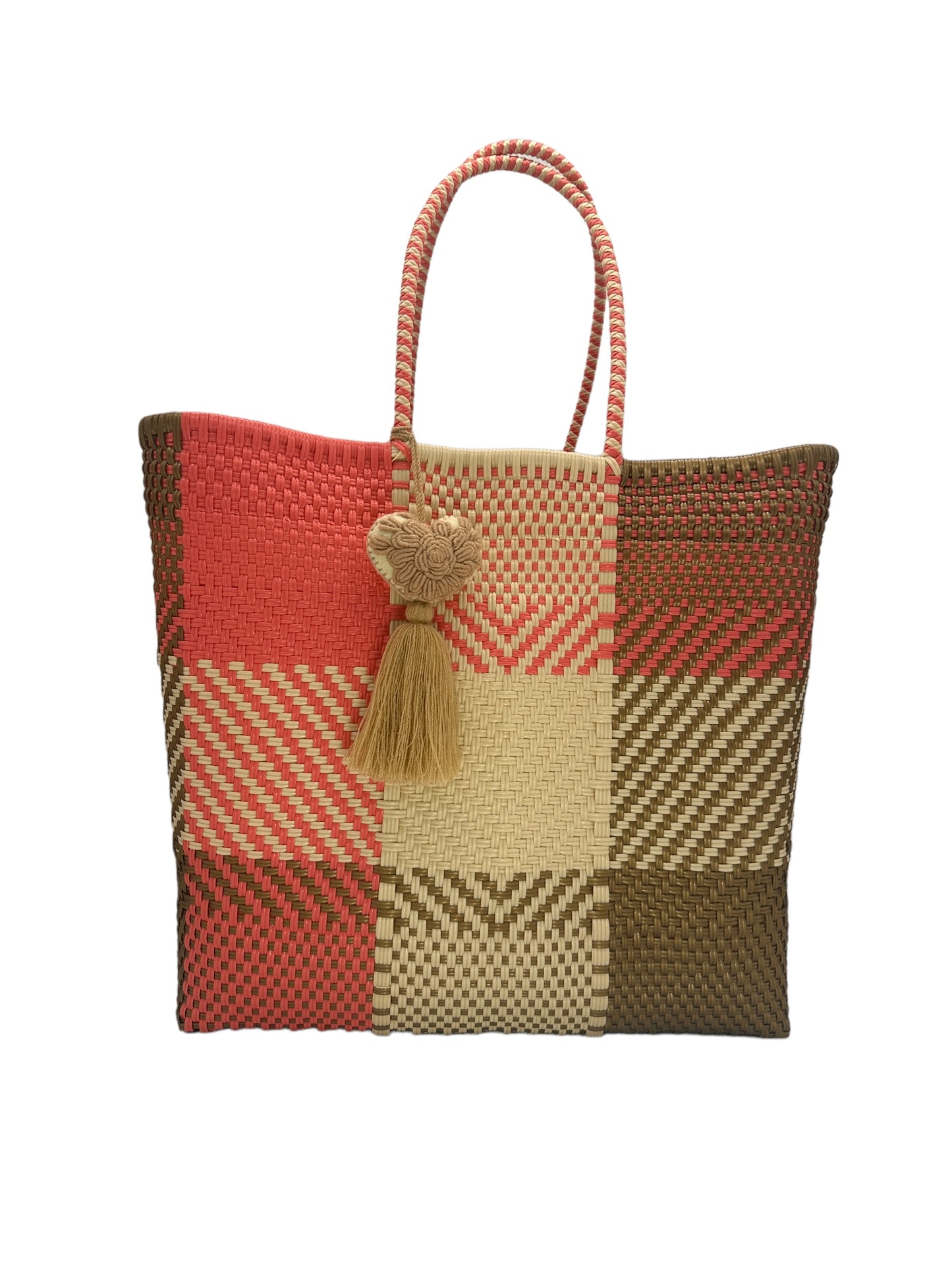 multi-colored tote bag with a checkered pattern in red, beige, and brown tones, featuring two handles and a heart-shaped tassel.