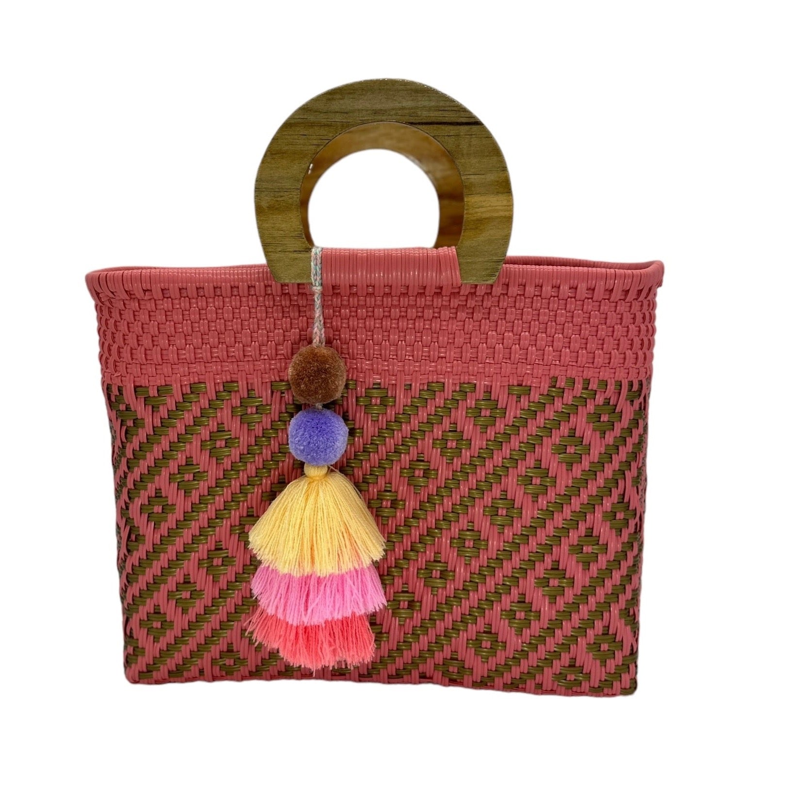 colorful woven tote bag made of recycled plastic, featuring a wooden circular handle. The bag has vertical stripes in various colors with decorative pompon