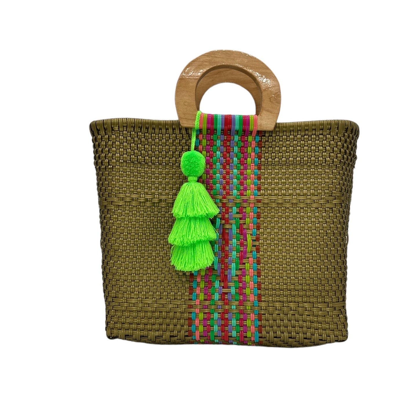 olive-green woven tote bag made of recycled plastic, featuring a wooden circular handle. The bag has a vertical stripe pattern in red, blue, and green, and is adorned with a tassel charm.