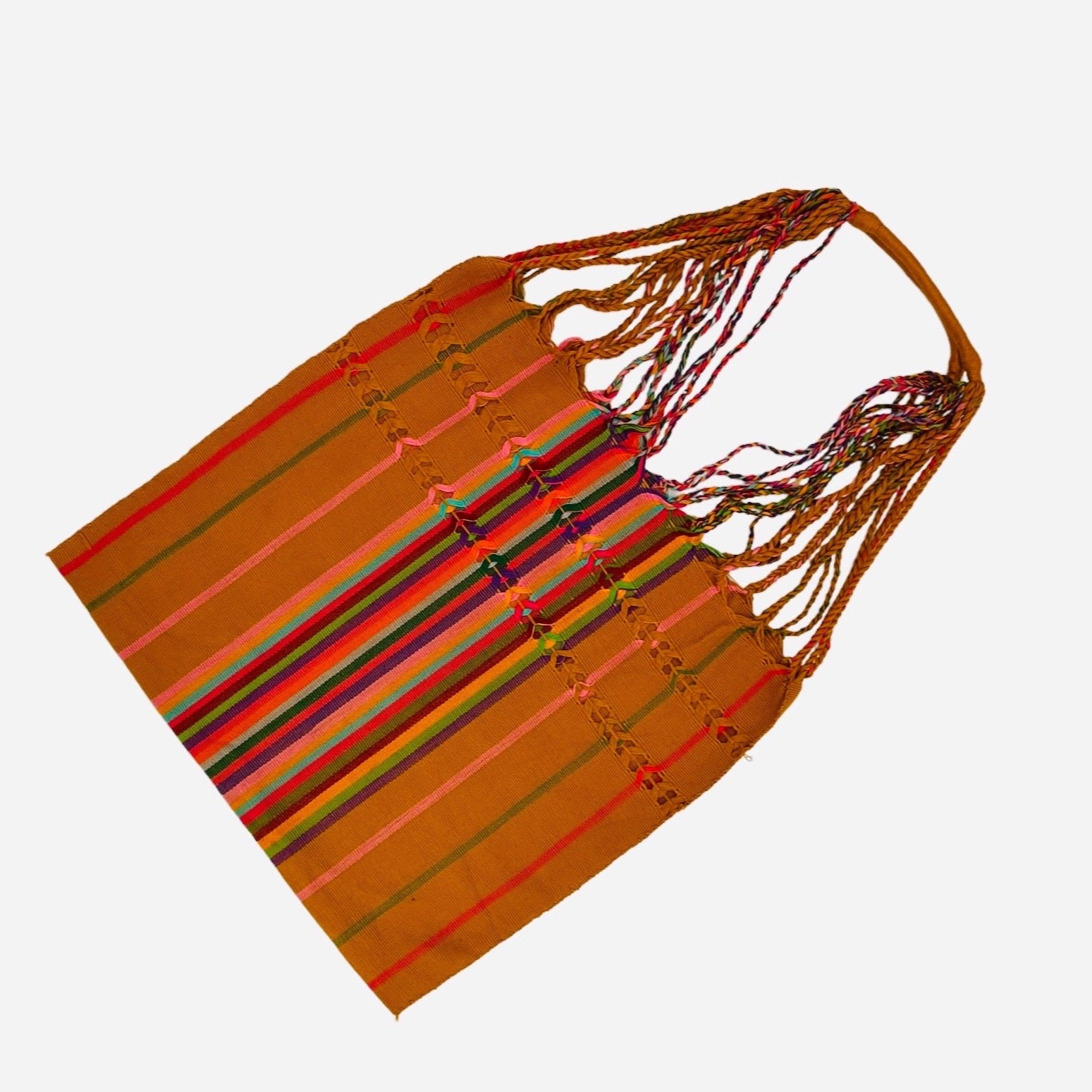 handwoven tote featuring a burnt orange base with colorful vertical stripes and braided multicolored straps.