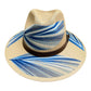 beige hat with a wide brim featuring blue and white painted designs resembling palm fronds. It has a brown leather band around the base of the crown.