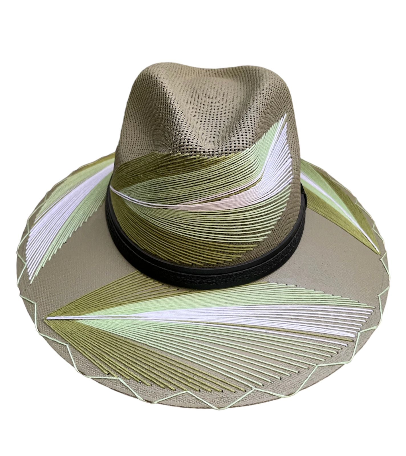 khaki hat with green and white palm frond designs and a black leather band.