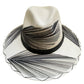 white hat with black and gray palm frond designs and a black leather band.