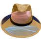 tan hat with colorful palm frond designs in pink, blue, and navy, featuring a black leather band.