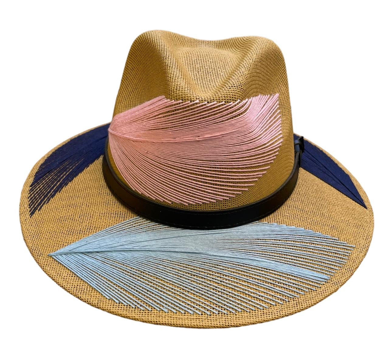 tan hat with colorful palm frond designs in pink, blue, and navy, featuring a black leather band.