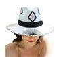 white Fedora hat with black and gold hand-stitched tribal designs. The hat features a black band and diamond-shaped patterns on the crown, with a wide brim adorned with additional stitching.