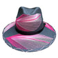 dark gray hat with pink and white palm frond designs, featuring a black leather band.