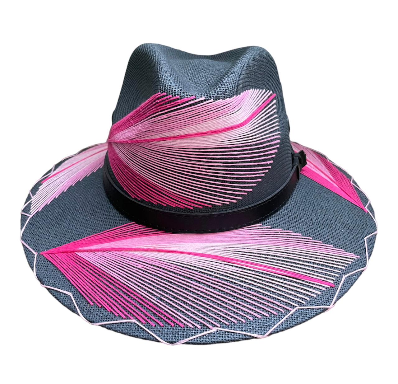 dark gray hat with pink and white palm frond designs, featuring a black leather band.