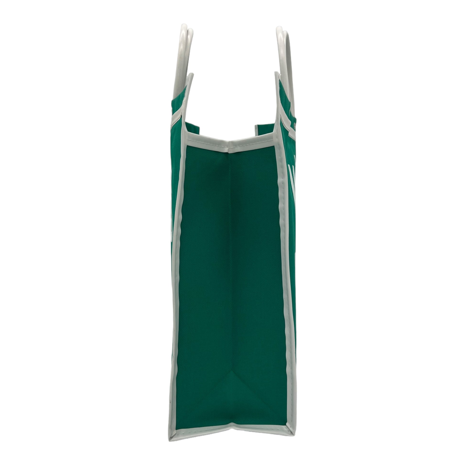 green tote bag with white handles, shown from the side, displaying its rectangular shape and structured sides.