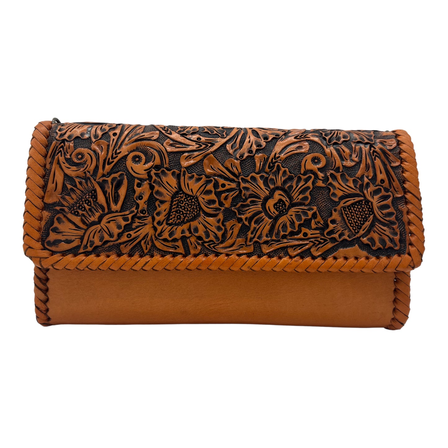 tan crossbody bag with detailed black hand-carved floral patterns on the front flap. The bag has a sleek leather body with braided edges.