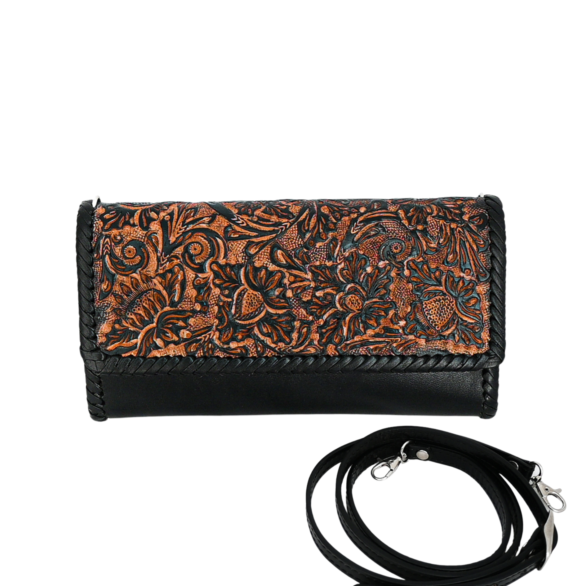 Antique black crossbody bag with detailed hand carving on the front flap, black leather body, adjustable black shoulder strap, and magnetic snap closures.