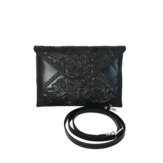 sleek black crossbody bag with intricate embossed floral patterns, designed to fit an iPad and other essentials.