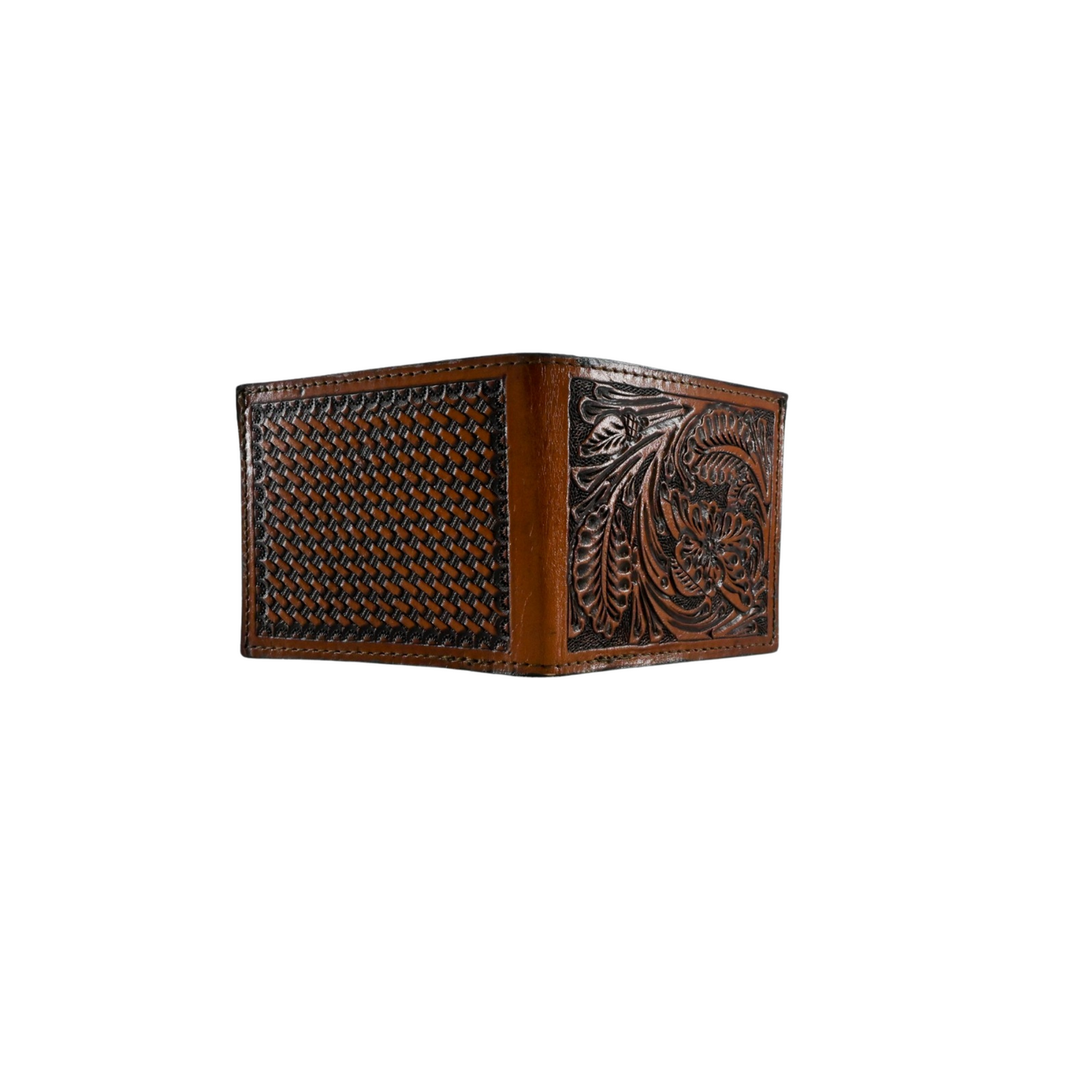 caramel-colored leather wallet with a basket weave pattern on one side and intricate floral carvings on the other.