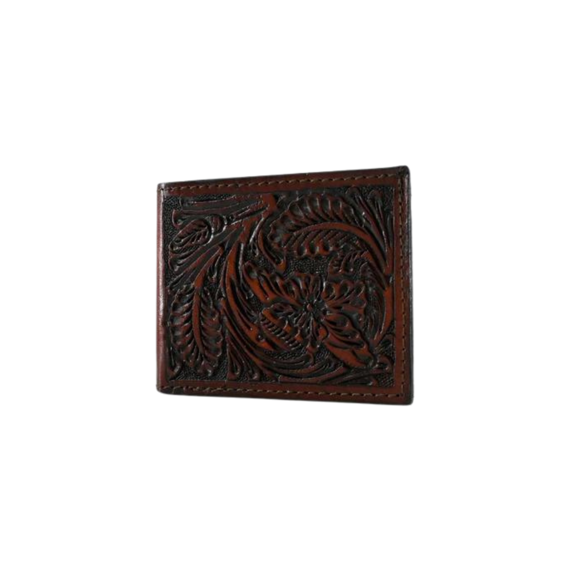 brown leather wallet with intricate floral carvings.