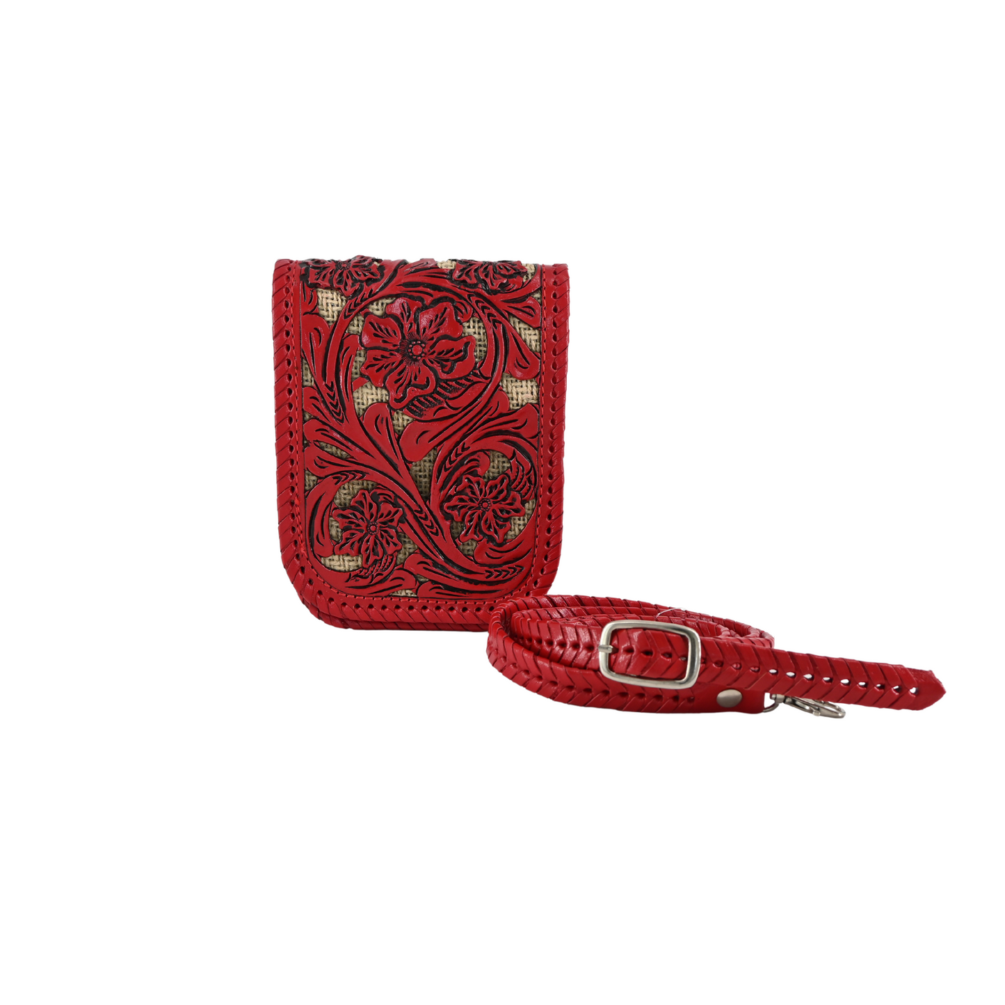 red leather crossbody sling bag with floral carvings and a braided, adjustable strap. It features a magnetic snap closure and a back pocket for easy access.