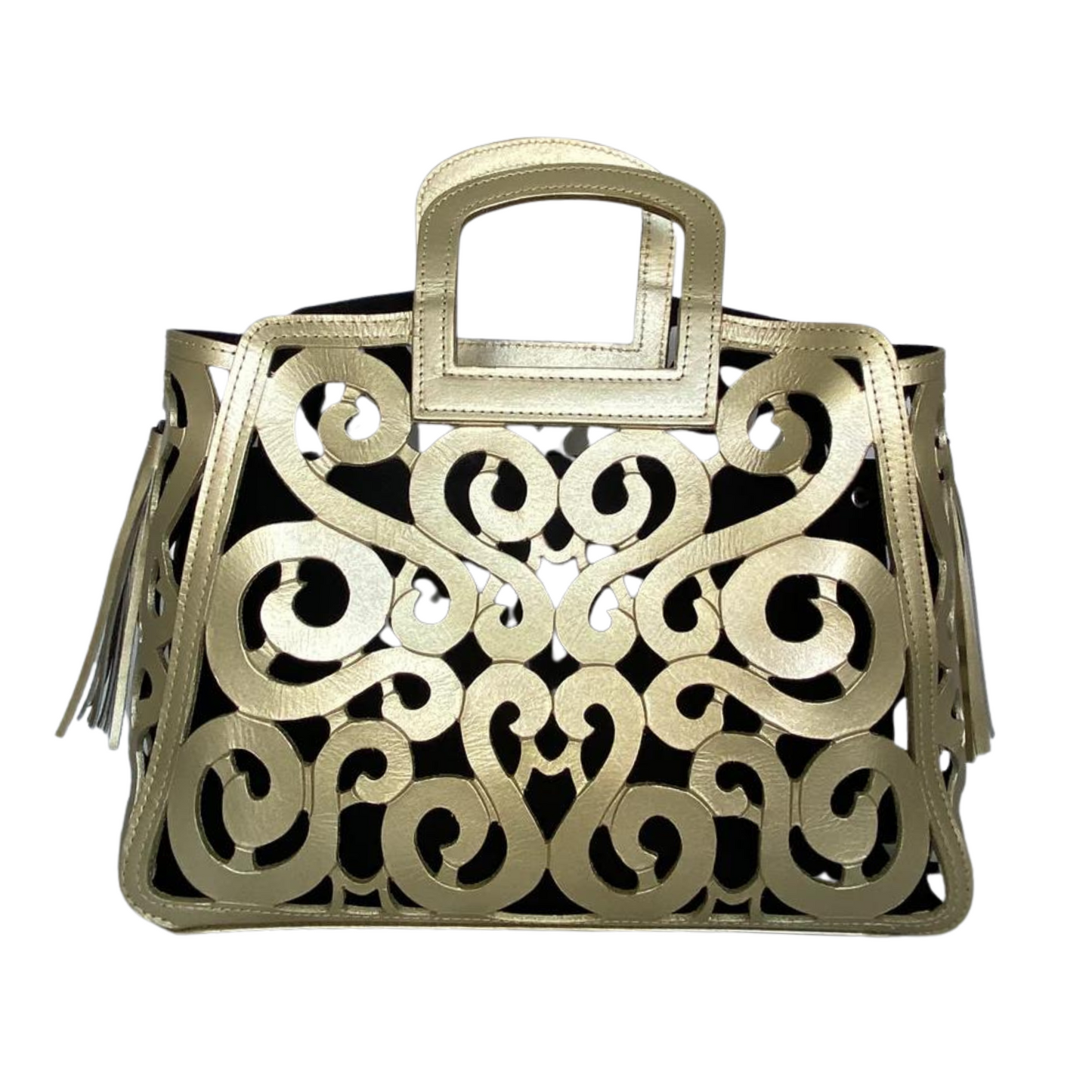 gold leather tote with an intricate scroll pattern, featuring a rectangular handle and leather tassels on both sides.