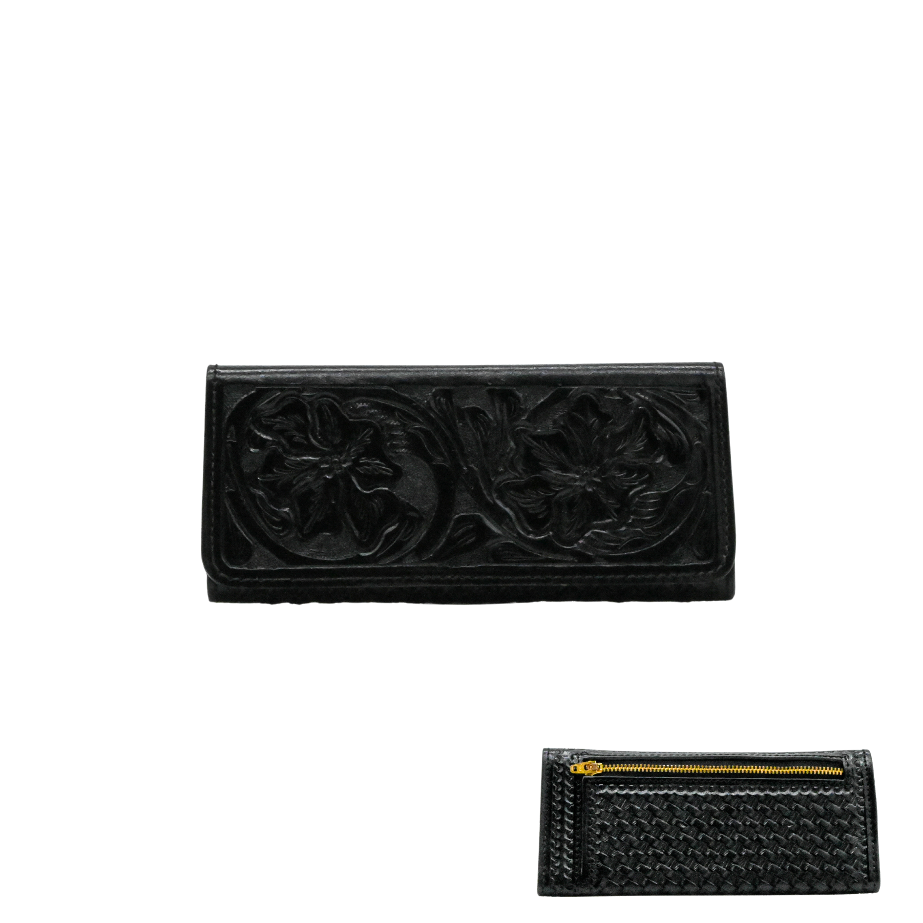 black leather wallet with a hand-carved floral design. It features six credit card slots, a bill holder, storage panels, and a zippered back compartment.