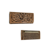 tan leather wallet with a hand-carved floral design. It features six credit card slots, a bill holder, storage panels, and a zippered back compartment.