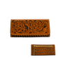honey-colored leather wallet with a hand-carved floral design. It features six credit card slots, a bill holder, storage panels, and a zippered back compartment.
