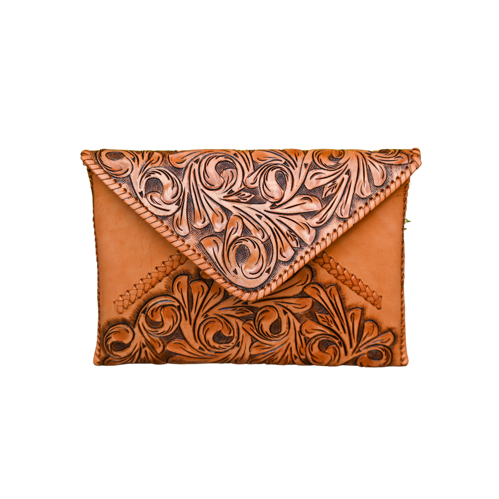 honey-colored crossbody bag with intricate embossed floral patterns, designed to fit an iPad and other essentials.