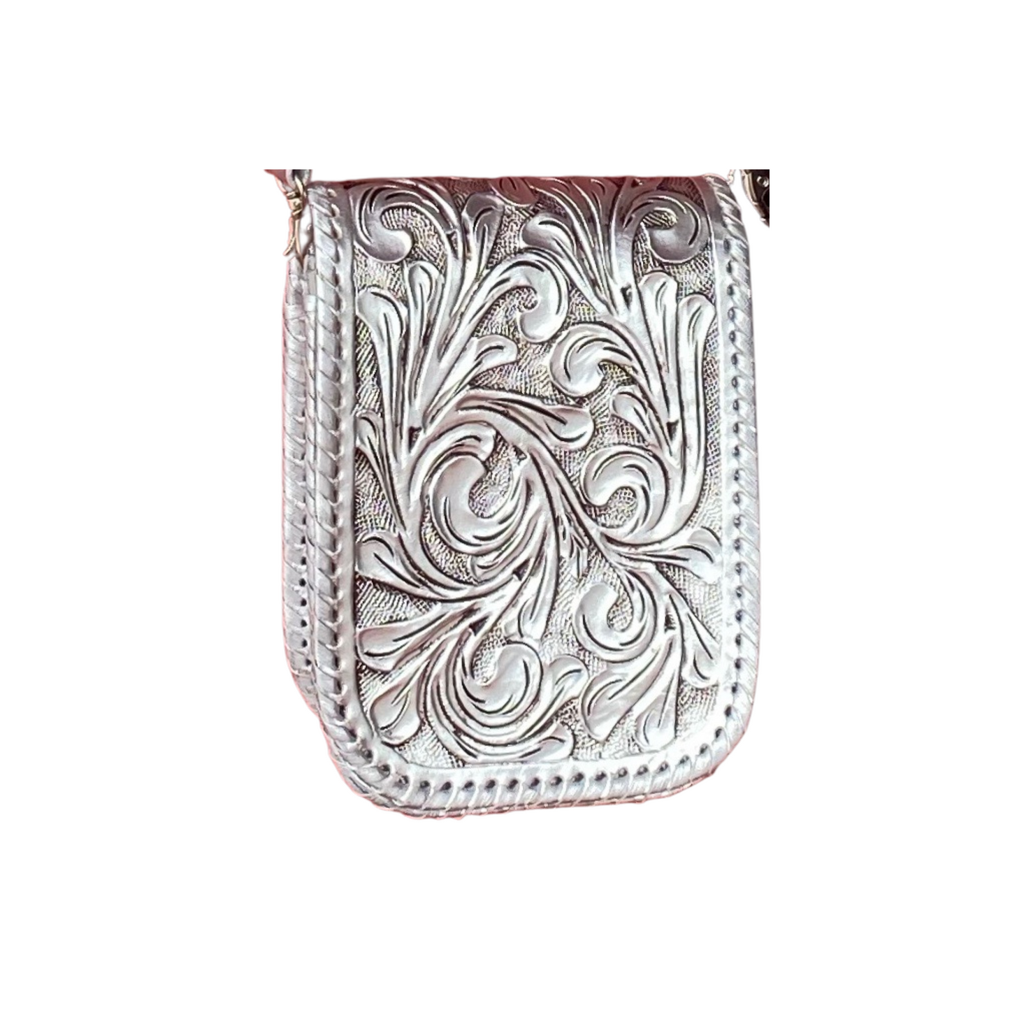 platinum-colored crossbody sling bag with intricate leaf carvings. The bag has a hand-braided edge and a detailed front panel.