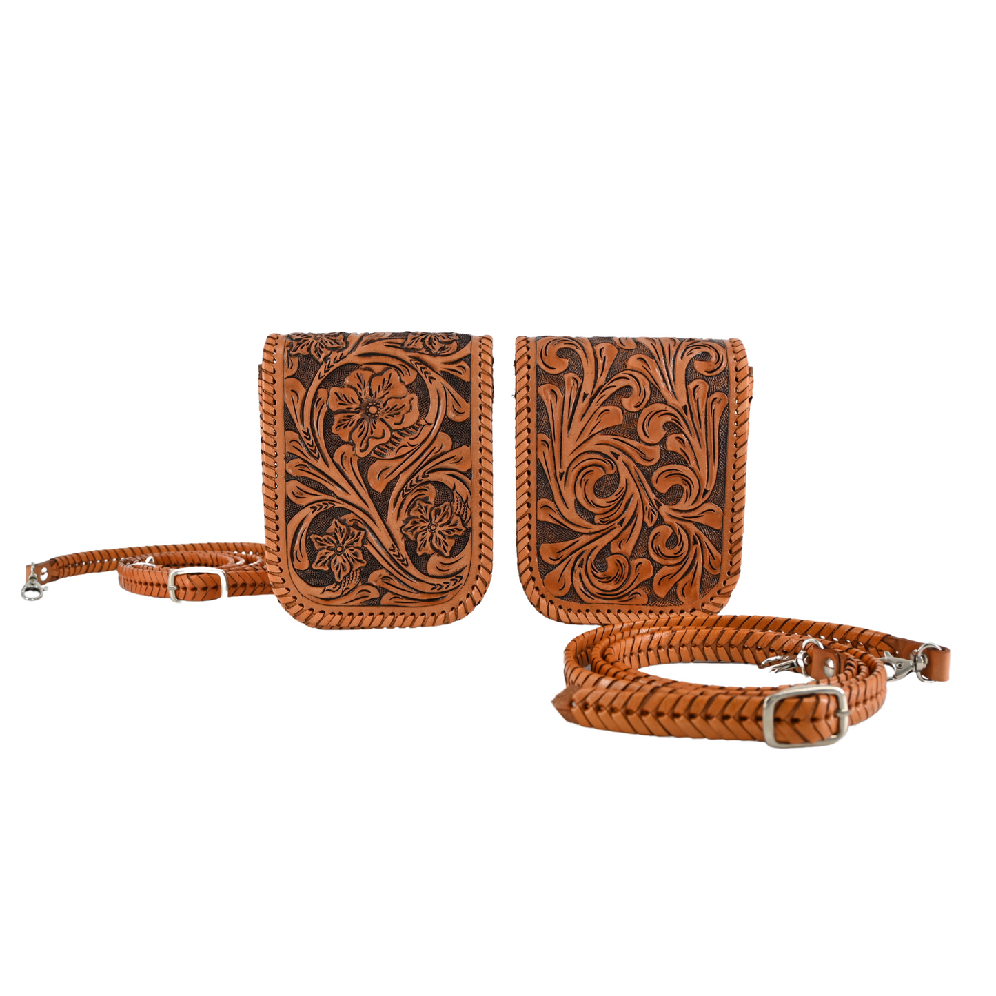 brown leather crossbody sling bag with intricate floral carvings on the front. It features a braided leather shoulder strap and a magnetic snap closure. The bag has a back pocket for easy access to a cell phone and is lined in suede with an internal pocket.