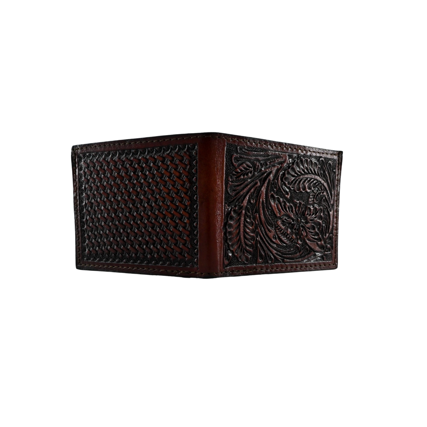 handmade, hand-carved leather bi-fold wallet in burgundy with intricate detailing.