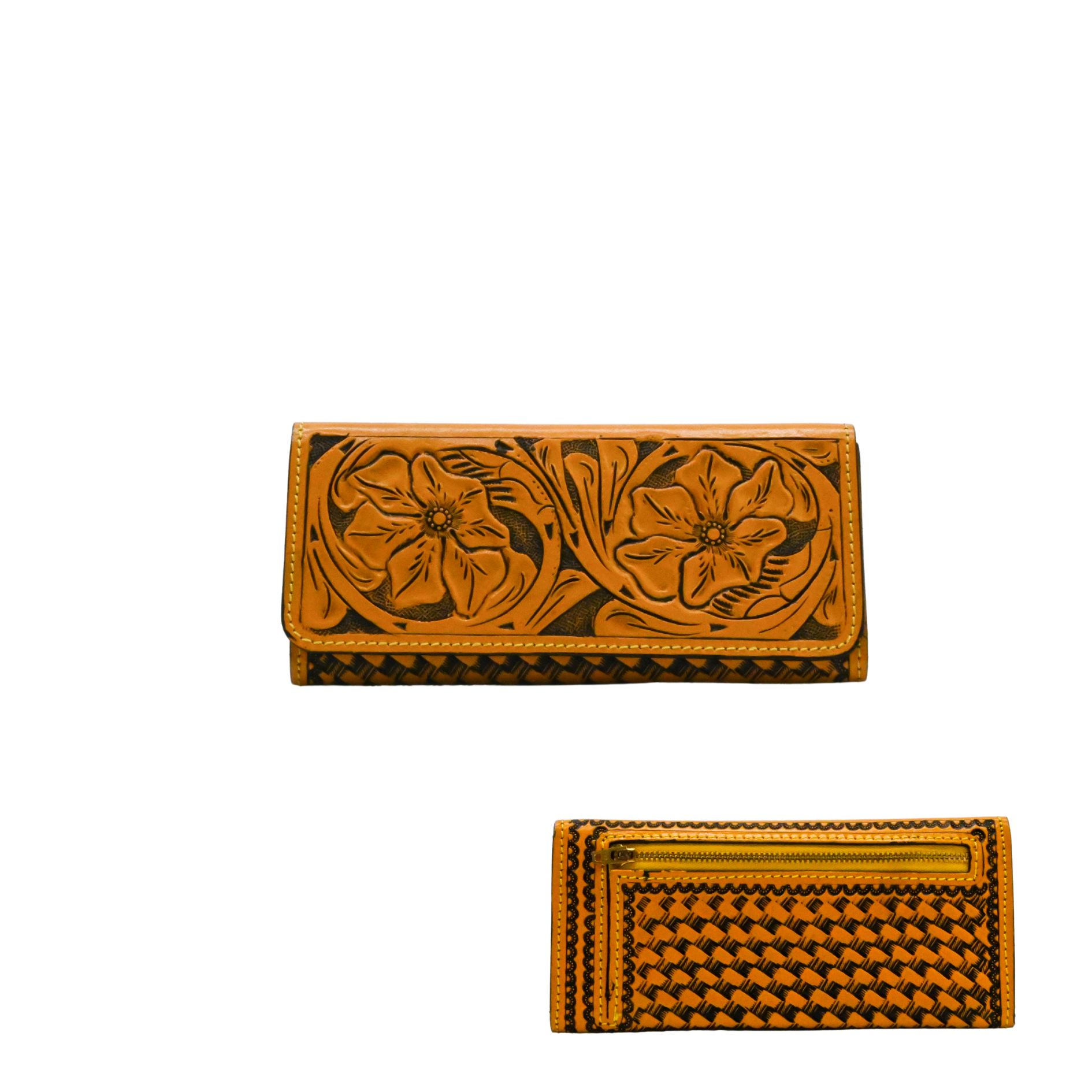 Yellow leather wallet with a hand-carved floral design. It includes six credit card slots, a bill holder, storage panels, and a zippered back compartment for added convenience