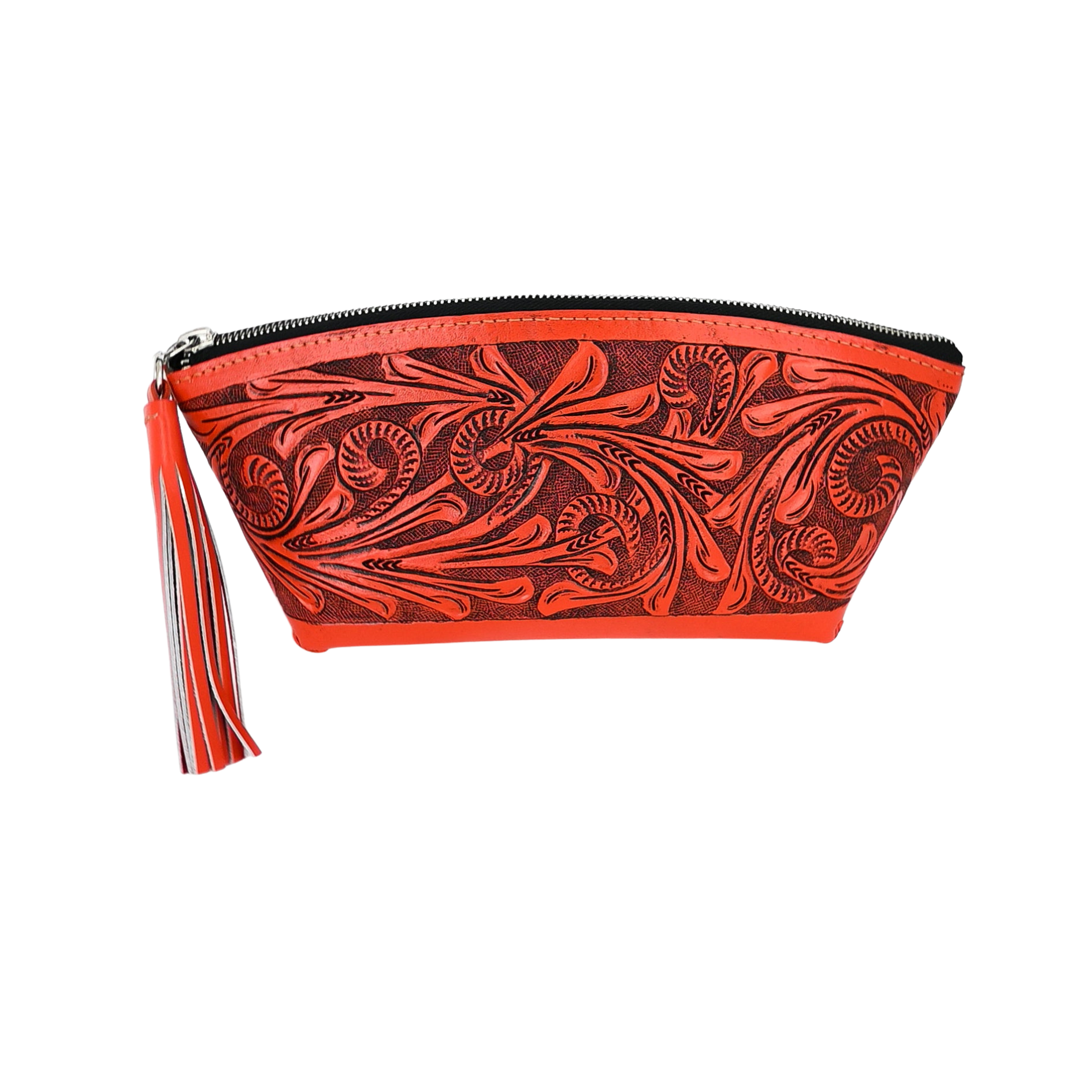 orange leather cosmetic bag with hand-tooled floral patterns on both sides. It features braided seams, a full zipper top, a sueded interior, a decorative tassel, and brass studs at the bottom.