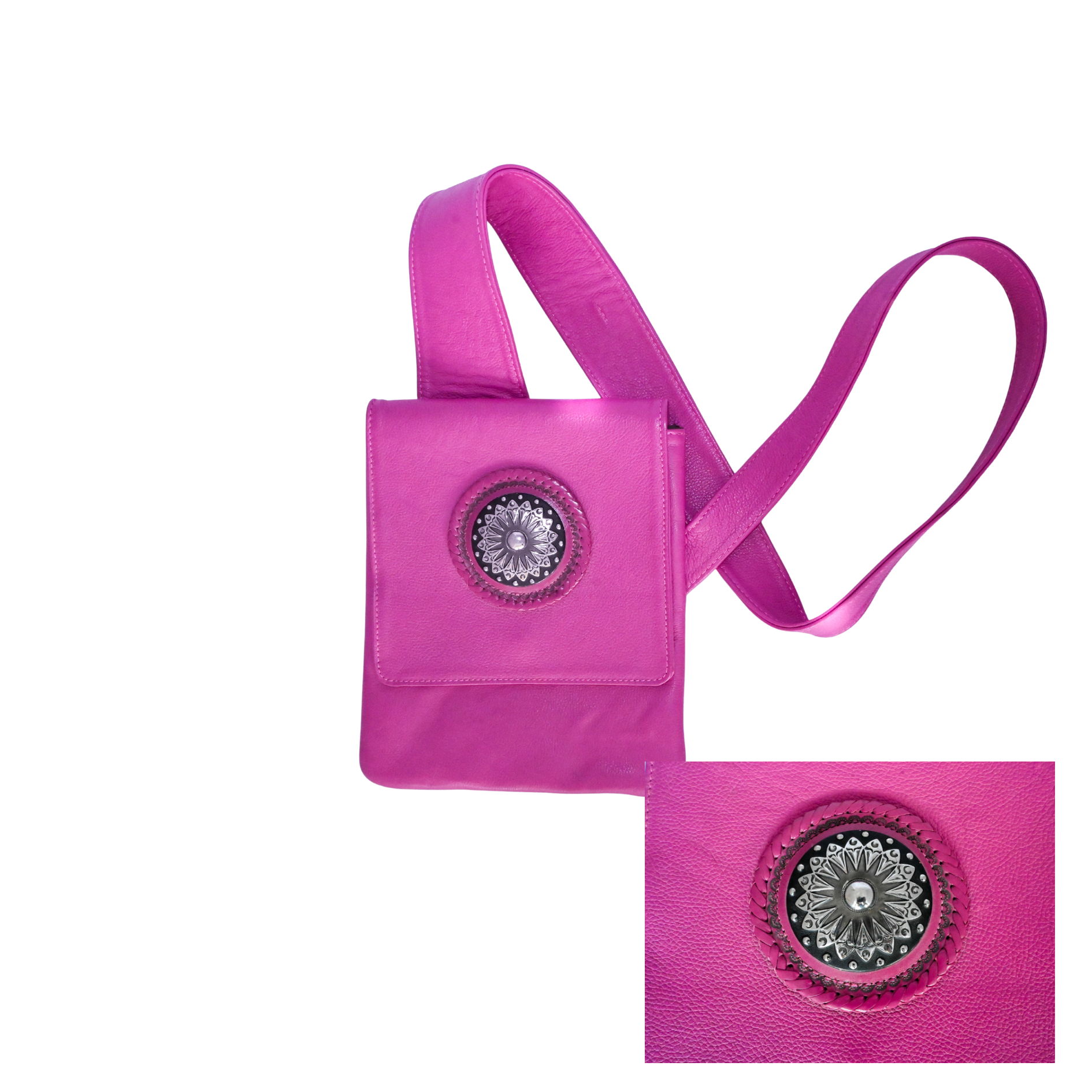 bright pink leather crossbody bag with an ergonomic strap and a decorative circular medallion on the front flap.