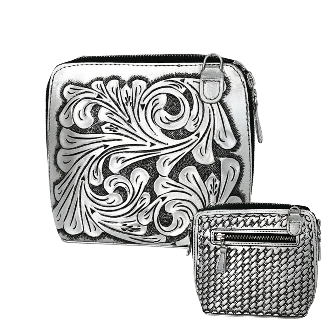 Platinum shoulder bag with hand-carved floral details and basketweave texture, featuring a zip-around closure and adjustable strap.