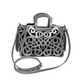 Musical Notes Crossbody - Platinum leather tote with an intricate scroll pattern, handle, adjustable shoulder strap, and side tassels.
