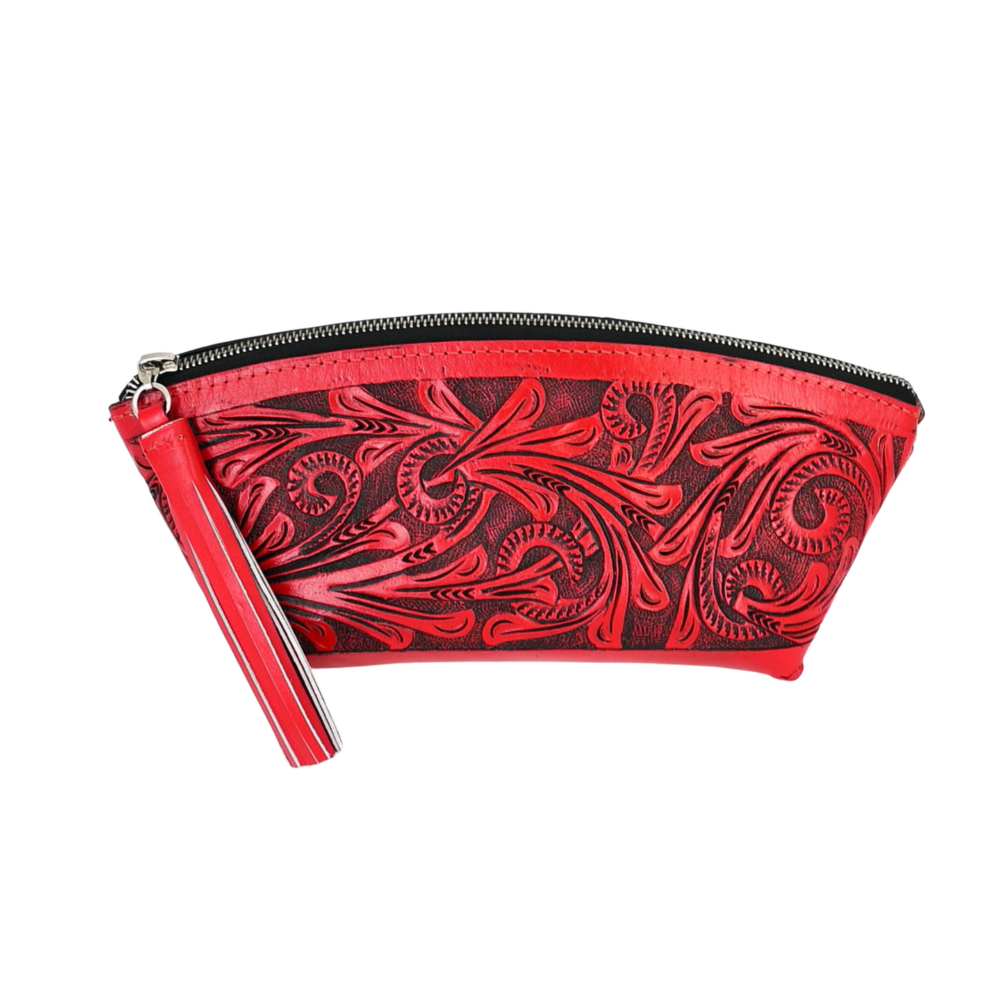 red leather cosmetic bag with detailed hand-tooled floral patterns on both sides. It has braided seams, a full zipper top, a sueded interior, and a decorative tassel.