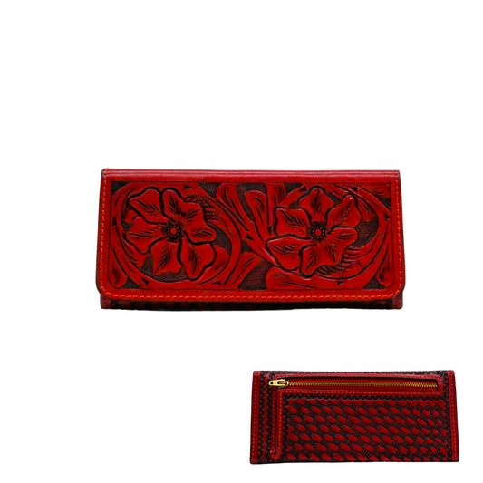 red, hand-carved, full-grain leather trifold wallet with a floral design on the front. It features six credit card slots, a bill holder, two full-length storage panels, and a magnetic snap closure. The back has a zippered compartment with a woven pattern.